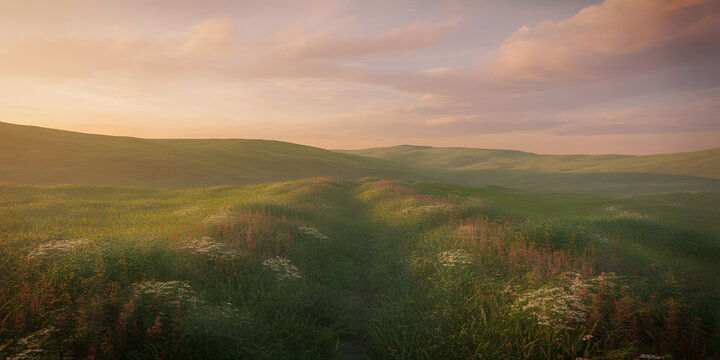 Vibrant green rolling hills stretch under a pastel sunset sky with light clouds.