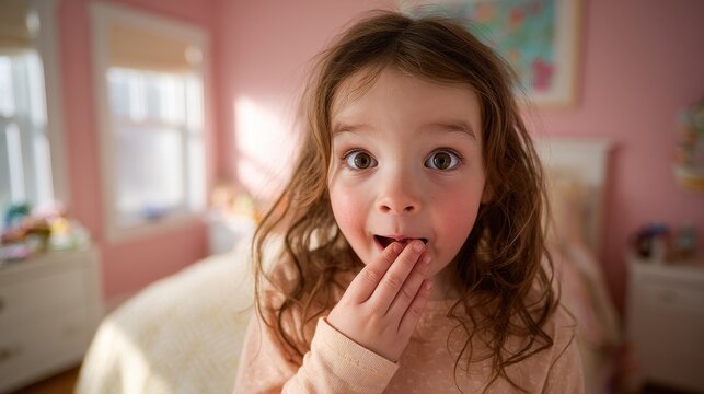 Surprised child discovers a missing baby tooth in a warm home setting with soft light