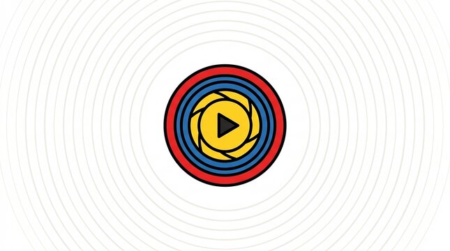 Stylized camera shutter icon with play button and colorful circles. Creative graphic for Photography Day, video production, and multimedia media content.