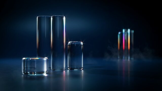 Abstract glass cylinders with iridescent light reflections