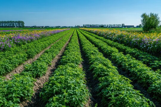 Sustainable potato field bordered by wildflowers, showcasing biodiversity-friendly farming in the Netherlands
