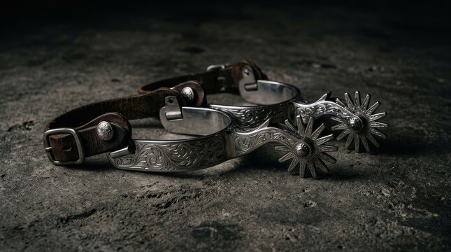 Ornate silver riding spurs with leather straps lie on a rough dark surface.