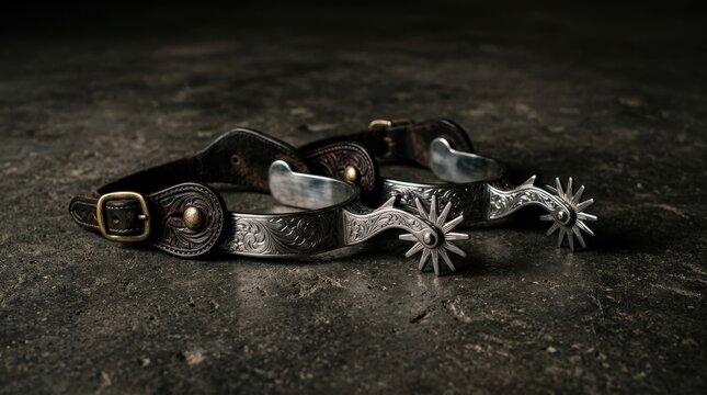 Decorative metal spurs rest on a dark rough ground in shadow