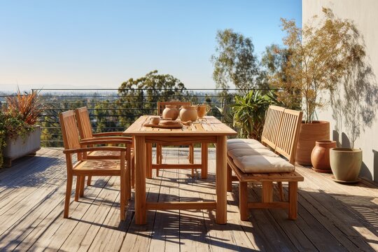 Teak outdoor furniture on a sunlit terrace with natural wood grain and calm ambience