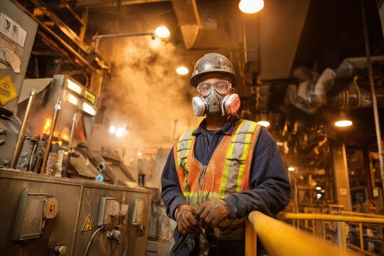 Technician in hard hat and respirator working on heavy industrial machinery on the factory floor