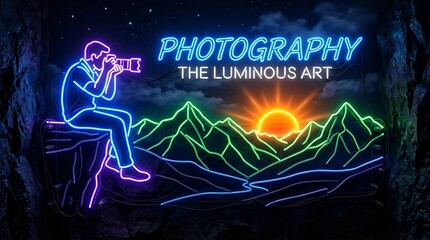 Obraz premium Neon photographer silhouette capturing glowing mountain sunrise, luminous art concept for World Photography Day, creative digital illustration with vivid electric outlines.