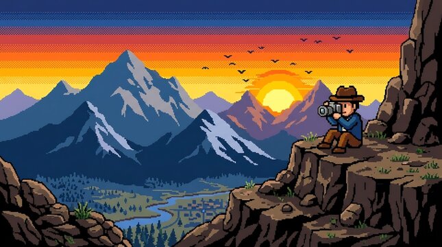 Pixel art photographer captures mountain sunset from cliff. Retro 8-bit nature landscape for World Photography Day adventure.
