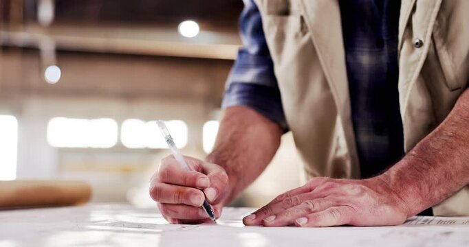 Hands, carpenter and writing at workshop with document, planning and design sketch for production. Person, drawing and paperwork in factory for carpentry, blueprint draft and manufacturing furniture