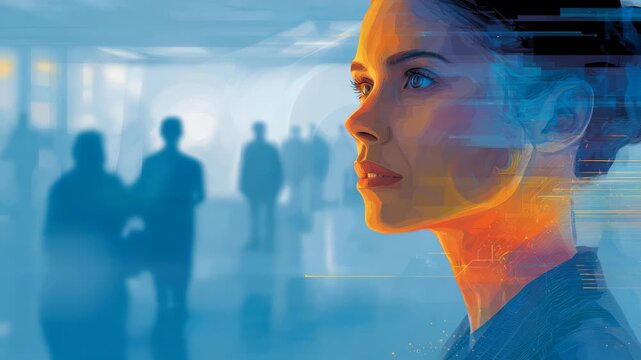 Futuristic businesswoman with digital interface overlay stands confidently in a modern office environment. Technology and innovation blend seamlessly in this visionary concept art