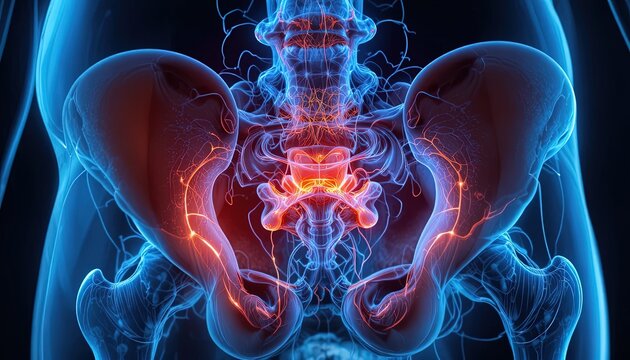 Human pelvic pain anatomy. Digital visualization of lower back and hip joint inflammation.