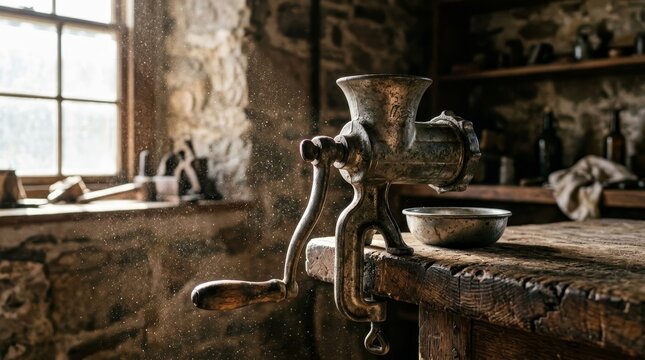 Old metal meat grinder sits on a wooden bench beside a bowl.