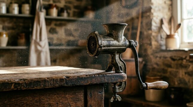 A vintage meat grinder sits on a wooden table in a rustic kitchen.
