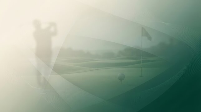 A golfer's silhouette with a ball and flagstick on a misty golf course. Calm and serene scene.