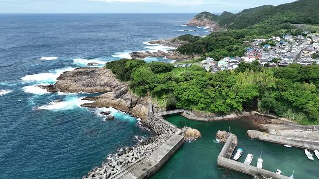 Aerial View of Ebido Sea Cave and the Rugged Coast of Tosashimizu, Kochi, Japan