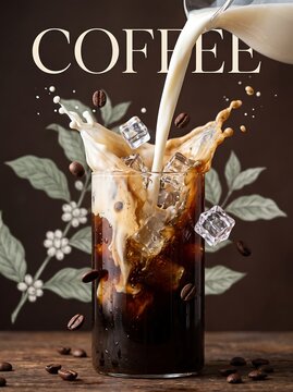 Milk pouring into iced coffee glass with dynamic splash and beans