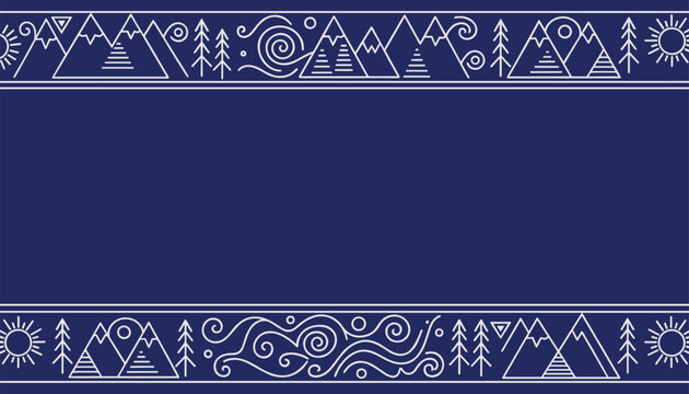 Minimalist line art borders display mountains, pine trees, and swirling clouds on a deep navy blue background.