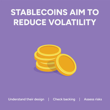Stablecoins cryptocurrency educational vector, gold coin stack on purple background, digital finance volatility reduction concept illustration