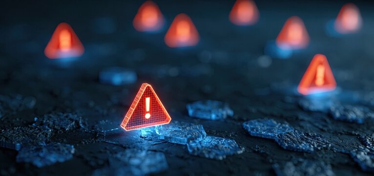 Urgent cybersecurity alerts on a futuristic AI interface with glowing icons, showcasing network defense and data breach risks.