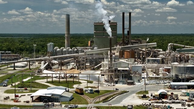 Aerial view of the Georgia-Pacific Palatka Operations industrial facility with smokestacks, steam, conveyor belts, and storage tanks surrounded by forest in Palatka, Florida, United States.