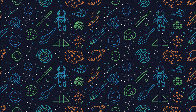 Space exploration seamless pattern on dark blue featuring colorful neon line drawings of astronauts rockets and planets.
