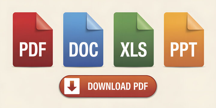 Four file type icons including pdf, doc, xls, ppt and a download pdf button.