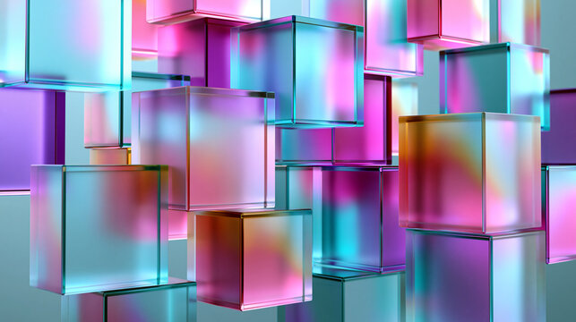 Abstract Colorful Glass Cubes with Neon Lighting