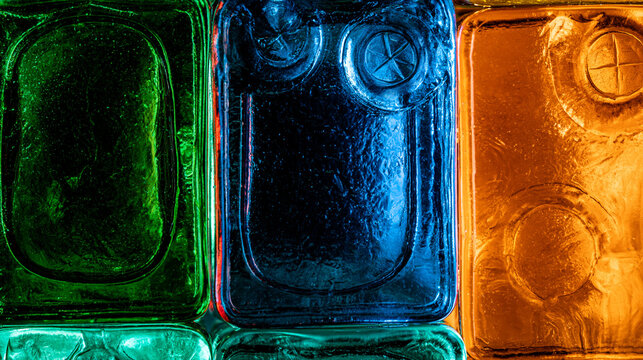 Colorful Glass Bottles Backlit with Vibrant Light