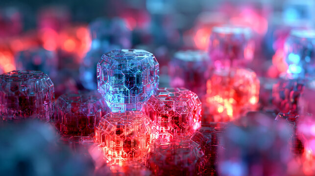 Digital Cityscape with Glowing Circuit Board Cubes