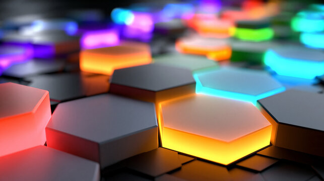 Glowing Hexagonal Tiles with Colorful Light Energy