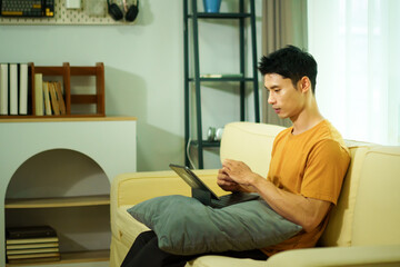 Young Man Using Tablet on Sofa at Home in Modern Living Room © Elder Stidio