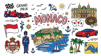 Obraz premium Monaco Travel Doodle Illustration, Hand Drawn Luxury City Landmark Sketch with Formula 1 Icons