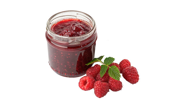 Glass jar filled with fresh organic raspberry jam isolated on transparent background cut out