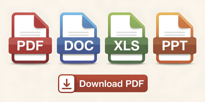 Four file type icons including pdf, doc, xls, ppt and a download pdf button.
