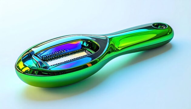 Shiny Green Fish Scaler Tool with Iridescent Reflections on White Background.