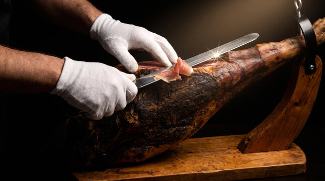 Butcher hands slicing smoked ham leg with bone on carving stand close up