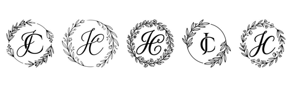 JC Monogram Set with Elegant Botanical Wreath and Floral Initial Letters Vector