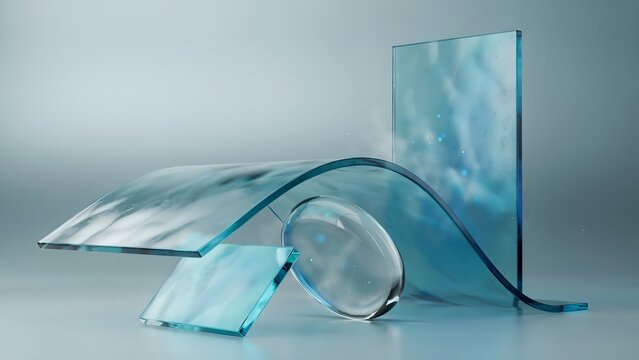 Abstract composition with glass shapes and a transparent sphere