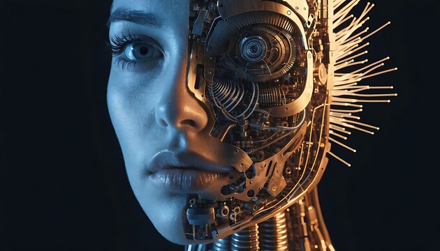 Cyborg woman portrait with mechanical face. Futuristic android head with robotic technology.