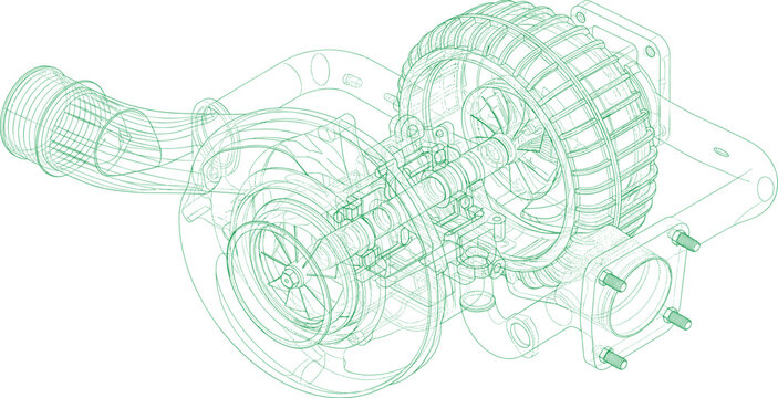 Turbocharger Engine Component Wireframe Technical Line Drawing Illustration