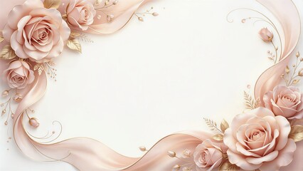 Fototapeta premium Elegant floral border frame made of soft pink rose flowers with golden leaves, sweeping lines of slender vines and flowing elegant ribbons, clean white background, romantic graceful botanical backdrop