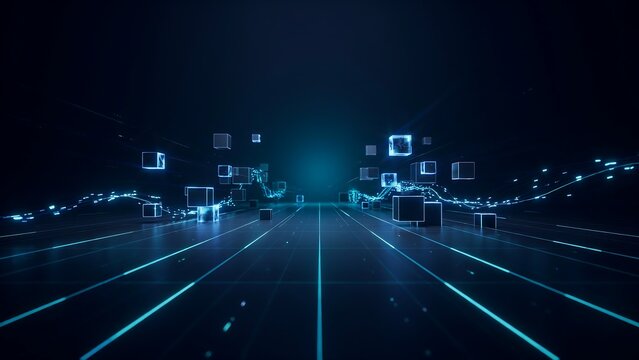 Abstract digital background with floating glowing cubes and data streams