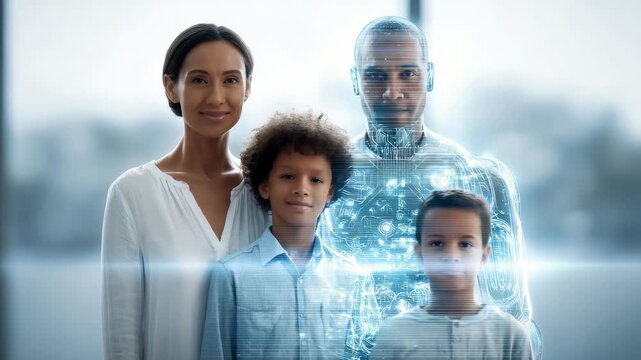 A modern family stands together with a futuristic humanoid robot, symbolizing the integration of artificial intelligence into daily life. The scene reflects diversity and technological progress