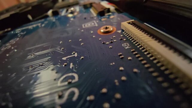 Macro close-up shot of a modern laptop motherboard, focusing in detail on the internal keyboard (KB) connector socket and precision electronic circuitry. Perfect for technology, hardware repair