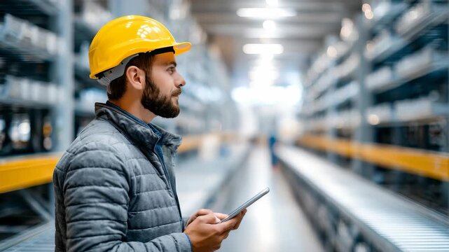 Confident warehouse worker in a yellow hard hat uses a digital tablet to manage inventory in a modern industrial storage facility. Professional logistics and technology integration are evident
