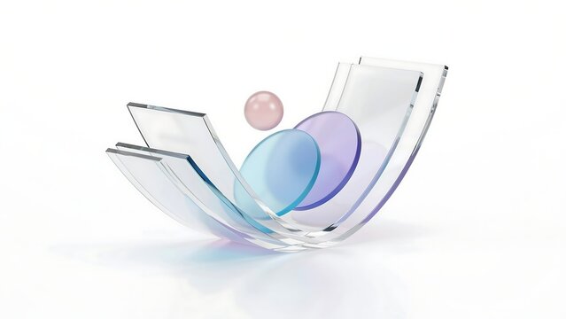 Abstract 3d composition with curved glass panels and colorful spheres isolated on white background