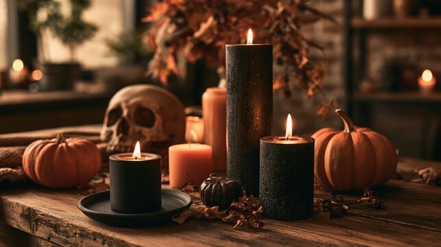 A warm, atmospheric autumn display featuring flickering candles, small pumpkins, and a skull amidst dried leaves on a rustic wooden table, perfect for seasonal celebrations and cozy holiday decor