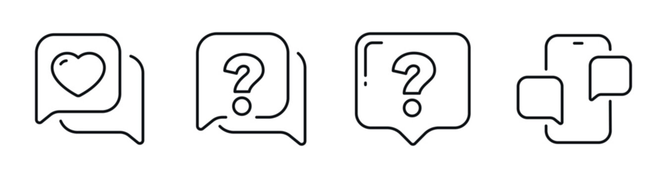 Feedback and question icons displayed in speech bubble set. Editable stroke