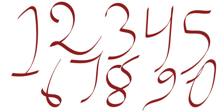 A series of elegant cursive digits from one to zero presented in a bold red font Vector