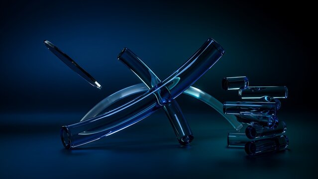 Abstract 3d composition with glass tubes and floating elements