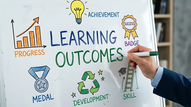Man drawing learning outcomes diagram on whiteboard with various icons.